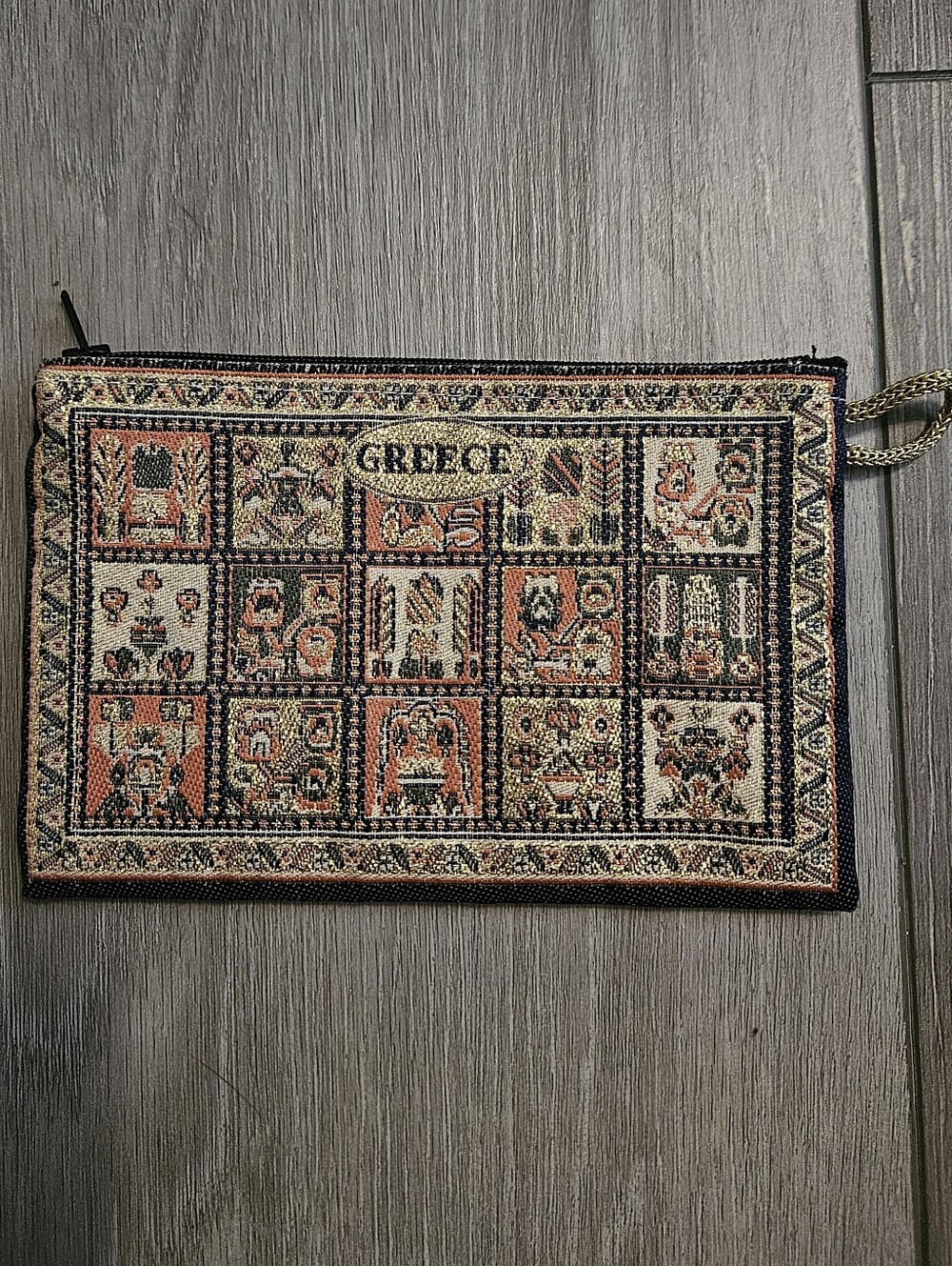 Source Unknown Greece Tapestry Zip Pouch - Black, Cream, Brown, Green, Orange